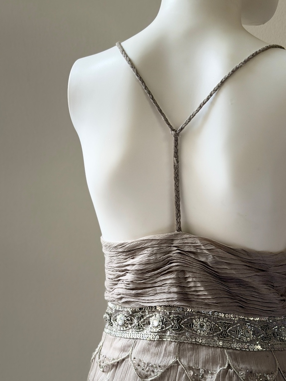 Vintage Sue Wong Silk Beaded Taupe Spaghetti Strap Evening Dress